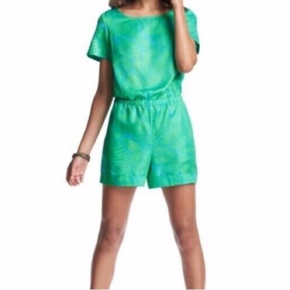 LOFT Teal Palm Leaf Print Jumpsuit